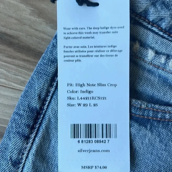 Silver High Note Slim Crop High rise Jeans Indigo Size 29x25 NEW - Picture 5 of 11